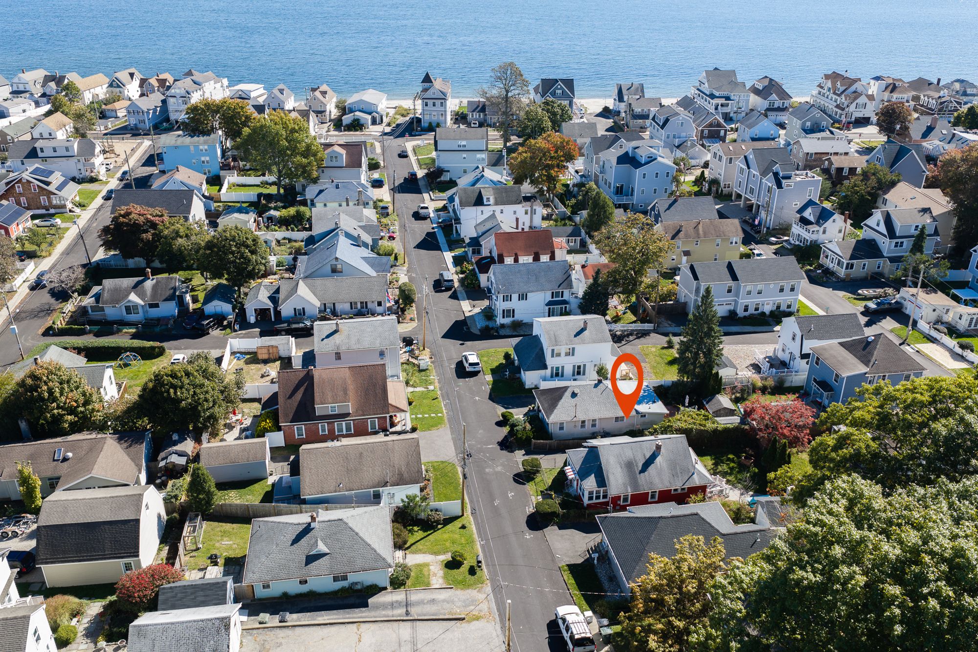 Aerial view of the Wildermere Beach neighborhood looking toward Long Island Sound