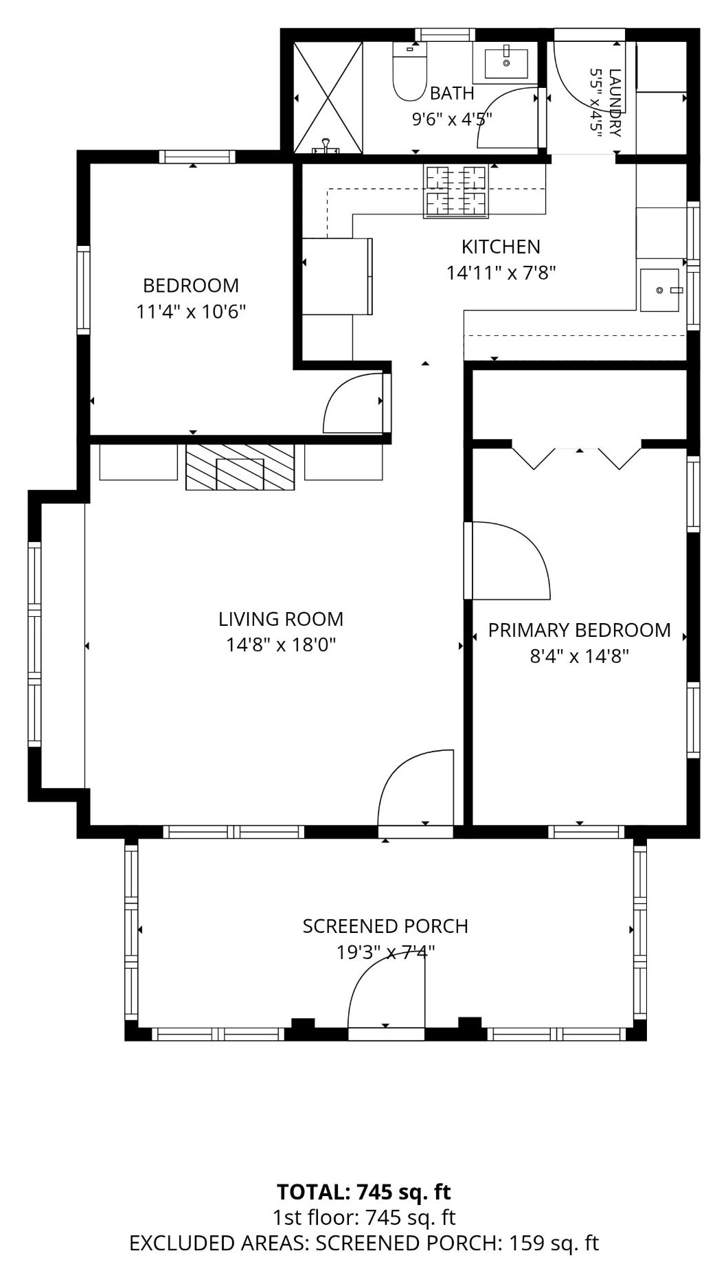 Floor plan of 40 Wildwood Avenue showing living room, two bedrooms, kitchen, bath, laundry, and front porch on one level